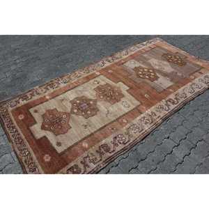 Vintage Area Rug 4.4x8.9 ft, Turkish <b>Brown</b> Floral <b>Wool</b> Rug - Product Image 2