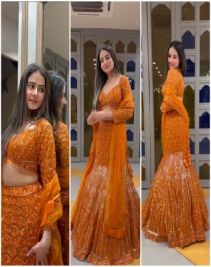 Élégant Satin Soie Lehenga Choli À La Mode Indien Pakistanais Broderie Paillettes Travail Faux Georgette - Product Image 1