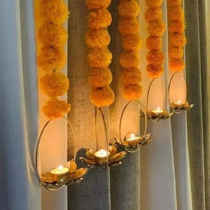 Suspension murale en marigold avec porte-bougie chauffe-plat en métal, guirlandes de 1,5 m pour Diwali, mariage, décoration de fête à domicile, porte-bougie chauffe-plat en lotus - Product Image 1