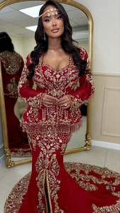 2025 @ Red Jacket & Badroune with trail <b>Dress</b> with Stunning Embroidery Crystal Glass Beads Stones Pearls and Dabka Handwork - Product Image 2