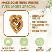 Corazones de Madera de Olivo Entrelazados Personalizados de 7.5 cm, Grabado Personalizado, Impresión en Huecograbado, Regalo de Boda Moderno para Múltiples Ocasiones, Hecho a Mano