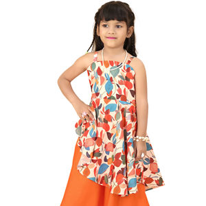 Ensemble Kurti et pantalon palazzo pour enfants Shoryam Fashion, sans manches, imprimé feuilles, entièrement cousu, pour les fêtes |   Filles, style ethnique estival vibrant - Product Image 1