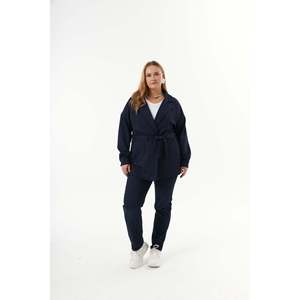 Chaqueta con Cintura Ajustable con Cordón Azul Marino Talla Grande para Mujer RMG - Prenda Exterior Elegante de Poliéster Tejido para Todas las Temporadas - Product Image 6