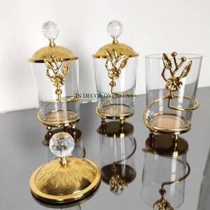 Ensemble de 3 bidons en verre design fantaisie unique d'art créatif moderne et fournitures d'accessoires de cuisine à base de métal plaqué or - Product Image 2