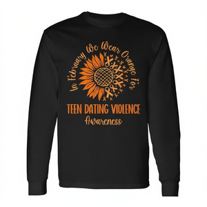 T-shirt a maniche lunghe per il mesi di febbraio sulla consapevolezza della violenza nei rapporti di fidanzamento tra adolescenti, con girasole arancione - Prodotto promozionale - Product Image 2