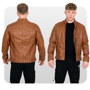 <b>Men's</b> Genuine <b>Leather</b> Moto <b>Jacket</b> Stand Collar Zipper Closure Solid Color Slim Fit Winter Style Waterproof Breathable - Product Image 4