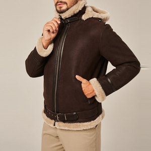 Chaqueta de bombardero de estilo motociclista de cuero genuino impermeable para hombre de moda, cuello levantado delantero, salida de fábrica económica para invierno - Product Image 3