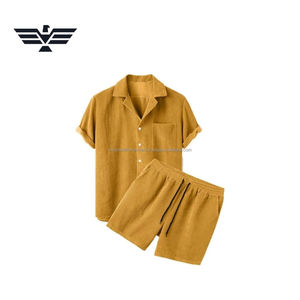 Men's Summer Lounge <b>Set</b>-Textured Polyester/Cotton Short Sleeve Shirt Elastic Waist <b>Knitted</b> Shorts-Lightweight Casual <b>Set</b> - Product Image 2