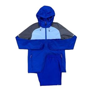 Men's Blue Color Blocking Hooded Track Suit Set Sporty Zippered Jacket Pants Quick Dry Polyester Spring Wear - Product Image 1