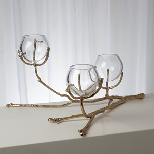 Pièce maîtresse de branche en métal sculptural avec trois vases en verre Vase à triple bourgeon en bronze antique et support votif - Product Image 4