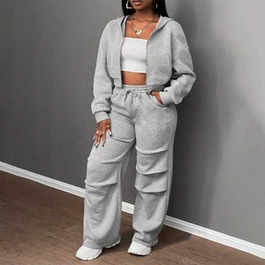 Survêtement pour femmes, sweat à capuche à fermeture éclair et pantalon large, ensemble 2 pièces, vêtements de sport décontractés, tenue de détente - Product Image 3