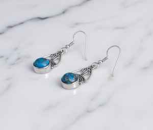 Pendientes Colgantes de Turquesa y Cobre, Plata de Ley, Estilo Tribal Geométrico, Joyería Artesanal Boho - Product Image 3