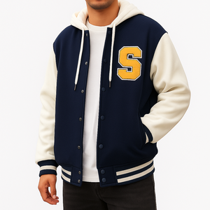 Venta al por mayor de logotipo personalizado de estilo pijo Bomber Cierre de botón a presión Vintage Letterman chaqueta con capucha - Product Image 1