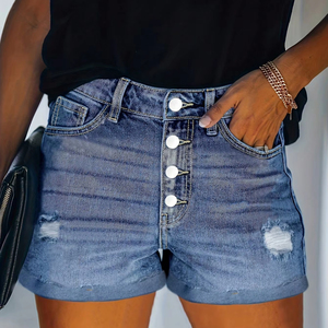 Pantalones cortos de mezclilla personalizados para mujer Diseño casual de verano desgastado con dobladillo enrollado Jeans Feminino Fashion Ripped Denim Shorts para mujer - Product Image 1