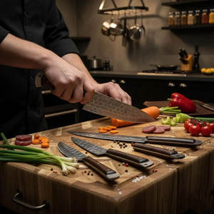 Ensemble de couteaux de chef en acier Damas forgé à la main avec manche en bois de rose et étui en cuir |   Couteaux à steak de luxe pour barbecue |   Couteaux de camping en plein air - Product Image 4