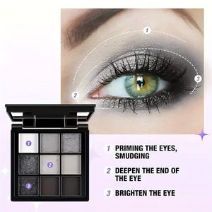 고급스러운 9 색 아이섀도우 팔레트-매트 & 글리터 마감, 블랙, 화이트 & 그레이 쉐이드-대담한 아이 메이크업 룩에 적합 - Product Image 3