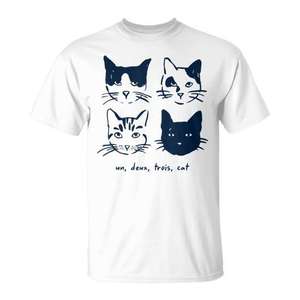 Camiseta gráfica One Two Three Cat para amantes de los gatos, camiseta de algodón blanca con diseño de gato Un Deux Trois - Product Image 1
