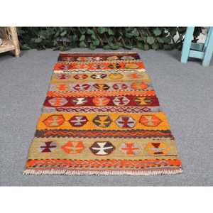 พรมวินเทจขนาดเล็ก 1.9x3.5 ฟุต พรมตุรกี พรมขนสัตว์สีส้ม - Product Image 4