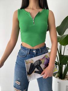 Femmes 2024 vente chaude demi fermeture éclair haut court vert tricoté Design gilet sans manches avec fermeture éclair détail court longueur haut court - Product Image 3