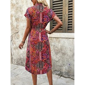 Robe midi Supreme pour femme, à manches courtes, col en V, ceinture mandarin, 35601 - Rouge - Product Image 4