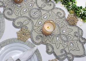Christmas <b>Dining</b> <b>Table</b> Beaded <b>Runner</b> Placemat Handmade Cloth Decorative Wedding Mat With Leaves Design for Home Use - Product Image 4