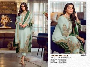 Nuevo traje pakistaní Heavy Fox Georgette con bordado de algodón secuencia trabajo Palazzo trajes semi cosidos para venta en línea - Product Image 3