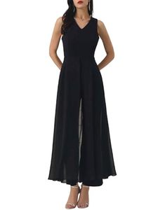 Mono de punto de lana para mujer, casual, de cintura alta, cuello en V, manga larga, largo completo, color negro liso, elegante, ajuste holgado, para otoño, cóctel - Product Image 1