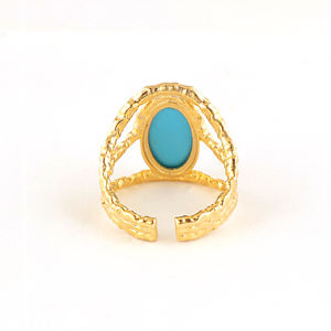 Anillo de piedra preciosa de turquesa azul de forma ovalada, joyería de lujo de alta calidad, chapado en oro de 18k, textura de latón, banda ajustable. - Product Image 5