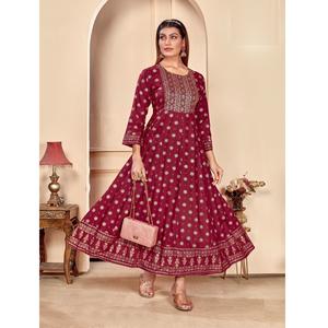 Robe longue en rayonne imprimée du fournisseur en gros, style Anarkali, parfaite pour les festivals et les occasions de mariage - Product Image 1