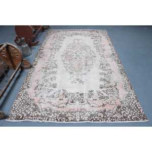 Tapis turc, grand tapis vintage 5,4x9,2 pieds, tapis rayé blanc et marron - Product Image 1