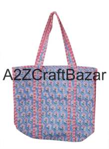 Bolsa de Compras Acolchada de Algodón 100% Puro Ecológica, Diseño a Rayas con Estampado de Bloques Hecho a Mano, Estilo Boho, Uso Diario, Exhibición Prolongada - Product Image 2