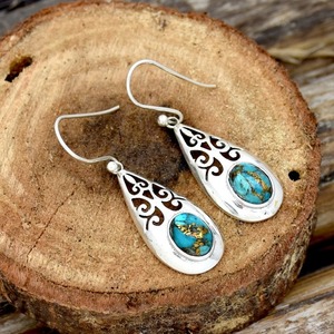 Pendientes colgantes hechos a mano, piedras preciosas turquesas naturales, joyería de plata de ley 925 a la moda, joyería de plata estampada sólida 925 - Product Image 3