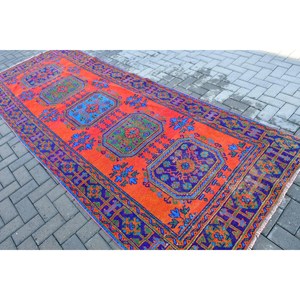 พรมตุรกีขนาด 4.3x11.5 ฟุต, พรมวินเทจลายทาง, พรมลายสัตว์สีแดงน้ำเงิน - Product Image 4