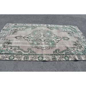 Alfombra de lana de retazos Vintage de 5,4x9,5 pies tejido plano turco con respaldo de látex para decoración para sala de estar Color verde Beige - Product Image 3