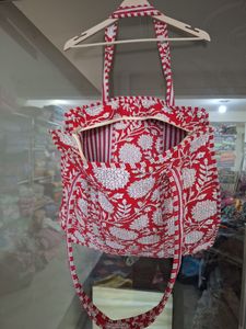 Crimson Boho Floral Quilted Tote <b>Bag</b> Red Floral Block Print Cotton for Summer - Product Image 2