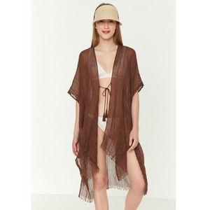 Pareo de playa con flecos en tonos tierra, caftán transparente con lazo frontal, pareo de verano, bordes enrollados a mano de primera calidad, para mujer, para piscina y playa, en stock. - Product Image 1