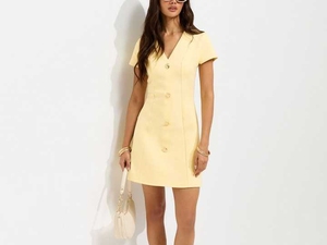 Fabricante Personalizado, MOQ 50 Piezas, Vestido Mini de Algodón Amarillo Claro con Botones Dorados, Proveedor - Product Image 1