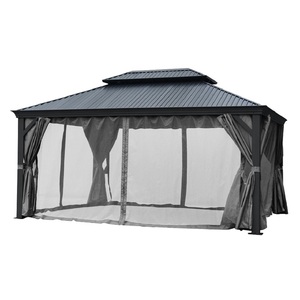 Pergola da Giardino 3,65x3,65m Altezza 225cm Baghdad Antracite in Alluminio con Tetto Rigido e Tende Parasole in Poliestere - Product Image 1