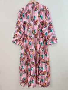 Vestido de algodón con estampado de frutas y rayas rosas |   Vestido de Fiesta Largo de Verano, Ligero y Transpirable, con Mangas Largas |   Vestido Elegante - Product Image 6