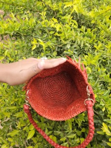 Small Red Bohemian Casual Raffia Crochet Minibag <b>with</b> <b>Fringe</b> and Braided Handles-Open <b>Top</b> - Product Image 3