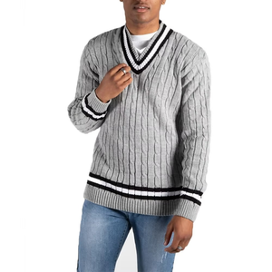 Pull à col rond en tricot torsadé gris pour homme, haute demande, anti-rétrécissement, fabrication sur mesure, OEM personnalisable, étiquette avant, motif d'hiver - Product Image 1