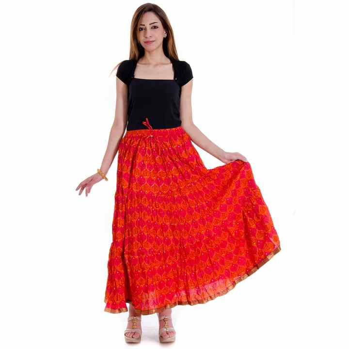 Antique Block Print Women's Long Maxi Bohemian Skirts for Girls Cotton Red Casual Leafy Print Design Skirt For Women
