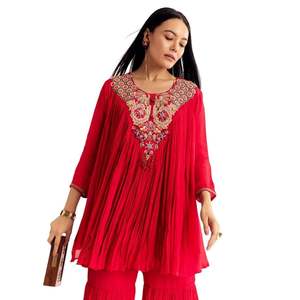 Chinon rosso svasato Kurta Sharara con il ricamo del filo per il commercio all'ingrosso Sangeet ricevimenti di nozze eventi festivi e su ordinazione alla rinfusa - Product Image 4