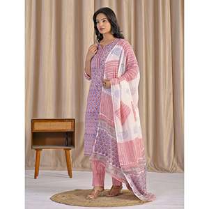 Hand <b>Block</b> <b>Printed</b> Cotton Anarkali Kurta Pant Set Indian Ethnic Style Party Wear for Special Occasions Made From Net Fabric - Product Image 3