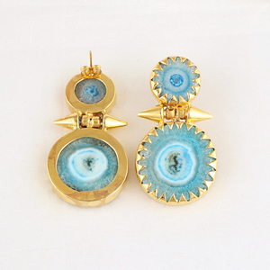 Pendientes al por Mayor de Piedra Natural, Cuarzo Solar Azul Cielo, Pendientes de Botón, Chapados en Oro de 18k, Joyería de Latón de Lujo para Mujer - Product Image 3