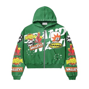 Streetwear 500Gsm français éponge fermeture éclair Vintage haute qualité coton sweat lourd strass acide lavage fermeture éclair à capuche - Product Image 2