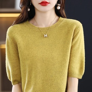 เสื้อสเวตเตอร์ขนสัตว์แขนสั้นสำหรับผู้หญิง, เสื้อสเวตเตอร์ถักแบบสวมหัวทรงหลวมเรียบง่ายสำหรับ100% ฤดูใบไม้ผลิและฤดูร้อน - Product Image 2