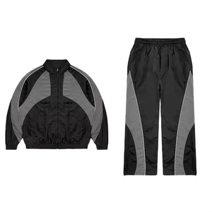 Ensemble de survêtement streetwear pour homme, coupe-vent décontracté à capuche, pantalon et veste en satin de coton, patchwork, deux pièces - Product Image 1