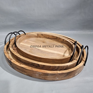 Juego de bandejas ovaladas de madera de acacia al por mayor de fábrica con elegantes asas negras, diseño duradero hecho a mano para decoración moderna del hogar - Product Image 1