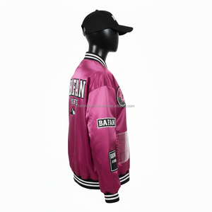 Veste bomber en satin pour femme, tissu magenta premium avec panneaux sur les manches et devant, logo personnalisé, impression à chaud, vestes en satin pour femme - Product Image 4